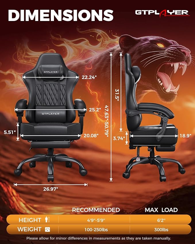 GTPLAYER Big and Tall Gaming Chair with Footrest Ergonomic Office Desk Chair with 4.4in Thick Cushion and Wide Wingless Seat Comfortable Leather Computer Chair Predator Series Black with Trim