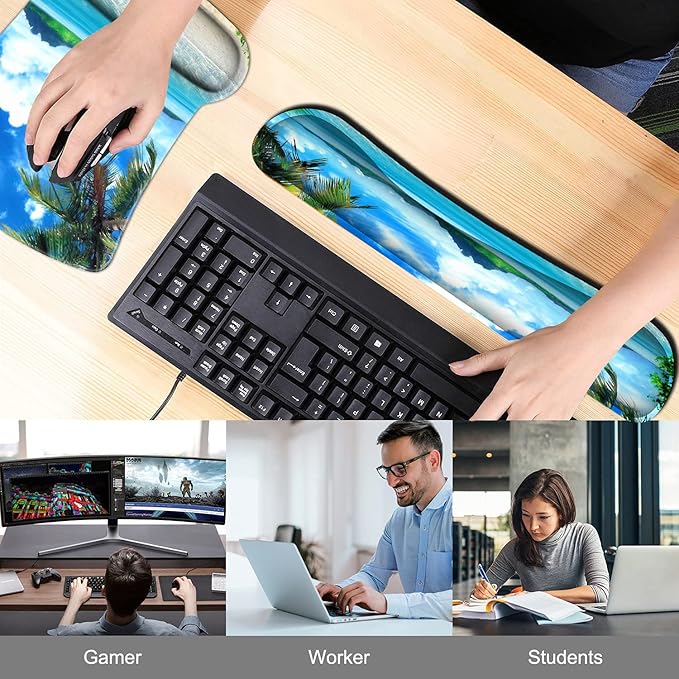 Keyboard Wrist Rest Pad and Ergonomic Mouse Pad Wrist Support Set Ocean Waves Coconut Trees on Sands Beach Seascape Scenery for Gaming Office Comfortable and Pain Relief with Coaster Set