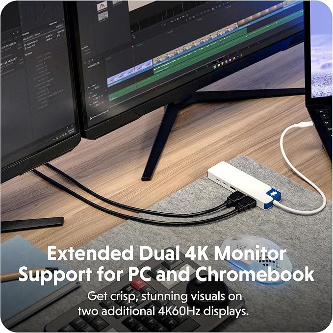HyperDrive Flex 9-in-1 USBC Docking Station Dual Monitor HDMI Hub — 2 HDMI 4K60Hz 100W PD USB C 2 USB-C 5Gbps USB-A SD/microSD Audio Jack — Blue
