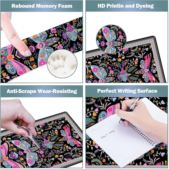 ARTSO Black Desk Mat Set Extended Gaming Mouse Pad with Wrist Rest Support +Keyboard Wrist Rest +Coaster Large Cute Butterfly Mousepad Colorful Butterfly