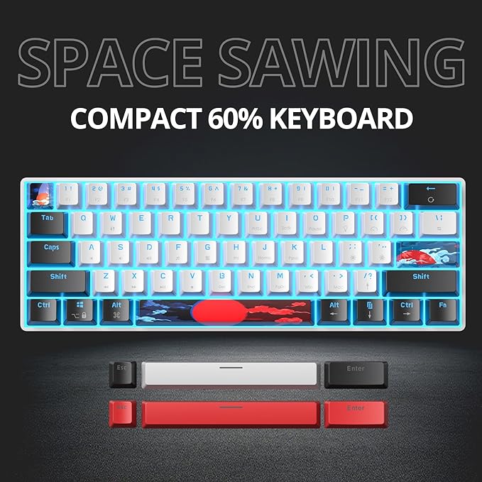 Portable 60% Mechanical Gaming Keyboard 60 Percent Red Switch LED Backlit 61 Keys Mini White USB Wired Office Keyboard for Windows Mac Laptop PC (61 Black &amp White)