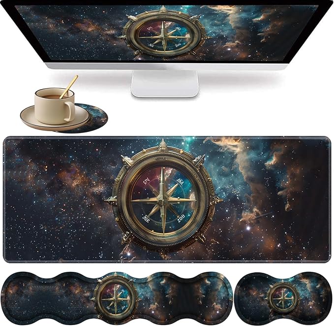 Large XXL Gaming Desk Mat 31.5x 11.8 Ergonomic Keyboard Wrist Rest &amp Mouse Pad Wrist Rest + Coaster Set Non-Slip Base Memory Foam Office and Home Space Compass