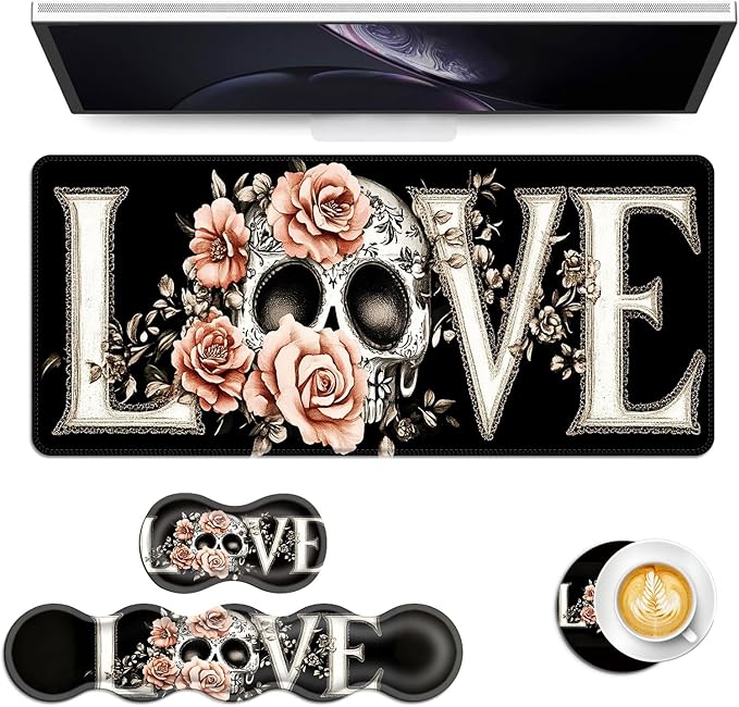 Keyboard Mouse Pad Set Extended Gaming Mouse Pad+Ergonomics Keyboard Wrist Rest Support Memory Foam Easy Typing Pain Relief 4Pcs XL Ultra Thick Desk MatSkull Pink Roses Love Design