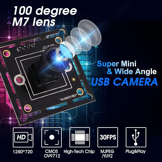 ELP USB Camera Module Super Mini 720p Wide Angle with 100degree M7 Lens Megapixel HD OV9712 Embedded Webcam Board for Computer USB2.0 UVC Video PC Opencv Camera Modulewith 3.3ft/1m Cable for Laptop
