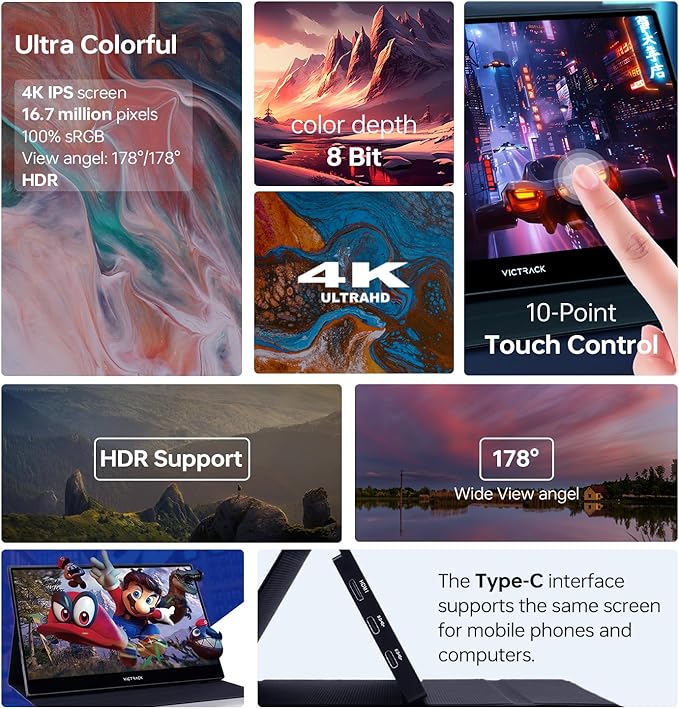 4K UHD Touchscreen Ultra Portable Monitor for Gaming and Designing 13.3“ Slim UHD (3840 x 2160) Touch 100% sRGB Type-C USB &amp Mini HDMI Portable Gaming Monitor with Cover