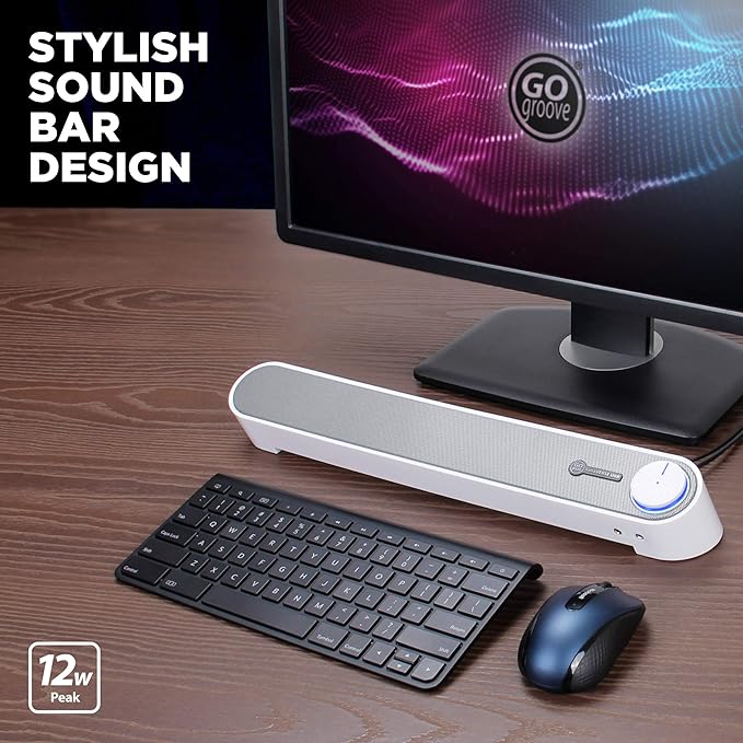 GOgroove Computer Speaker Mini Soundbar - USB Powered PC Sound Bar with Easy Setup Wired AUX Stereo Audio Microphone Port Volume Control Knob Under Monitor Design for Desktop (White)