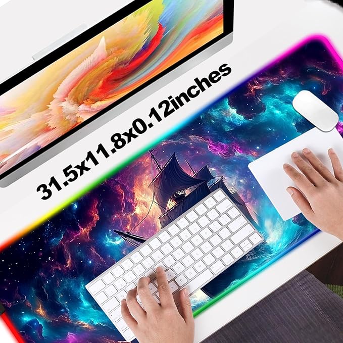 RGB Fantasy Pirate Ship Gaming Desk Mat Computer Keyboard Large Extended Long LED Mouse Pad for Office and Home XL (W01)