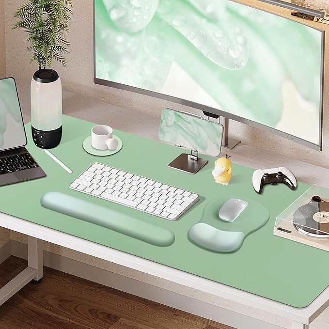 4-in-1 Large Gaming Mouse Pad Keyboard Wrist Rest Pad &amp Wrist Support Mousepad Set Extended Desk Pad Waterproof Desk Mat Protector for Home Office Decor Study Game 35.4×15.7 Inches I Sage Green