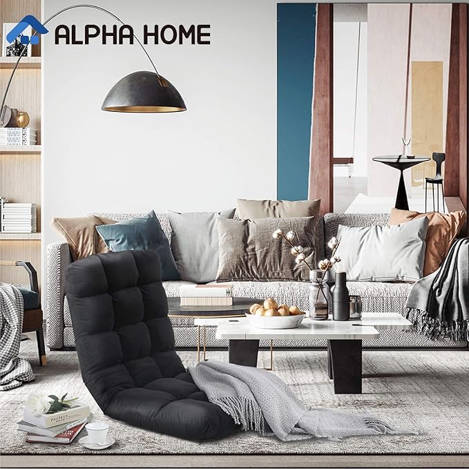 ALPHA HOME Adjustable Floor Chair with Backrest &amp Cushion Dorm Rocker 4 Positions Video Gaming Chair Folding Lazy Sofa Recliner Living Room Seating Lounge Chair for Reading Watching TVBalck