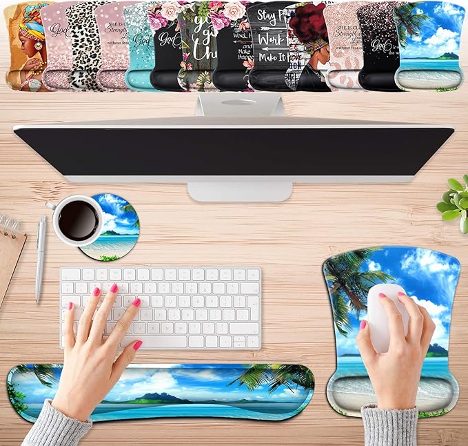 Keyboard Wrist Rest Pad and Ergonomic Mouse Pad Wrist Support Set Ocean Waves Coconut Trees on Sands Beach Seascape Scenery for Gaming Office Comfortable and Pain Relief with Coaster Set