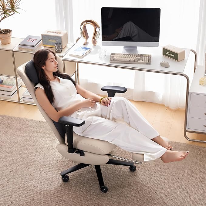 EMIAH Ergonomic Office Chair with Foot Rest Reclining Office Chair with Adjustable Arms and Headrest High Back Gaming Chair with Lumbar Support PU Leather(Beige)