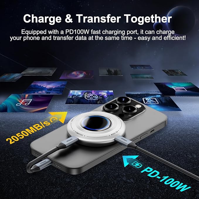 FP108 2TB Magnetic Portable SSD External Solid State Drives with PD-100W and 2050MB/s USB-C 3.2 Gen 2x2 Play While Charging Compatible with iPhone 16/15 Pro Max Android PC Mac Switch Lite