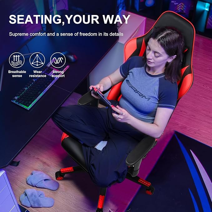 GTPLAYER Gaming Chair with Footrest Ergonomic Computer Game Desk Chair Reclining Gamer Chair Seat Height Adjustment Swivel Rocker with Headrest and Lumbar (Brickred)