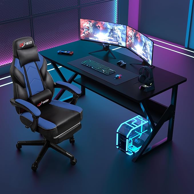 Gaming Chairs for Adults Computer Chair with Footrest and Ergonomic High Back Big and Tall Gamer Chairs with Massage Lumbar Support 360° Swivel Height Adjustable Gaming Chair Blue
