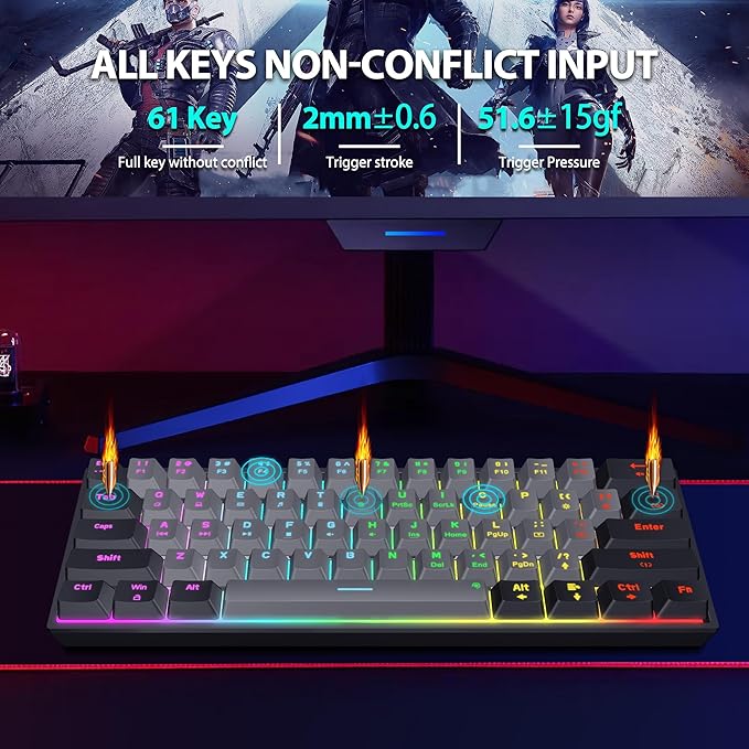 Snpurdiri 60 Percent Machanical Keyboard Red Switches Full Anti-Ghosting 60% Gaming Keyboard Rainbow Backlit for PC Gamer Office Business (Black-Grey Red Switches)