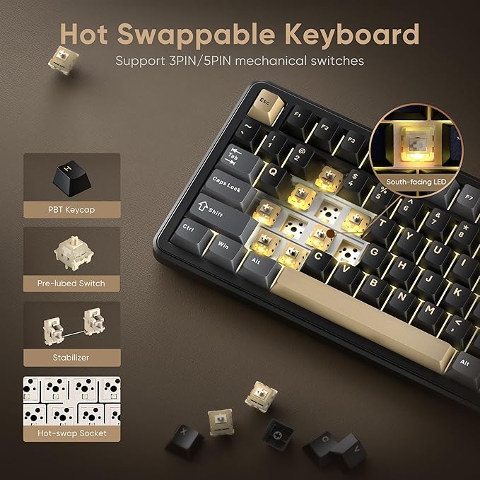 RedThunder K75 Wireless Mechanical Keyboard CNC Knob Tri-Mode BT5.0/2.4GHz/USB-C Hot Swappable Custom Pre-lubed Linear Coconut Switches Gasket Structure RGB Gaming Keyboard Black-Gold
