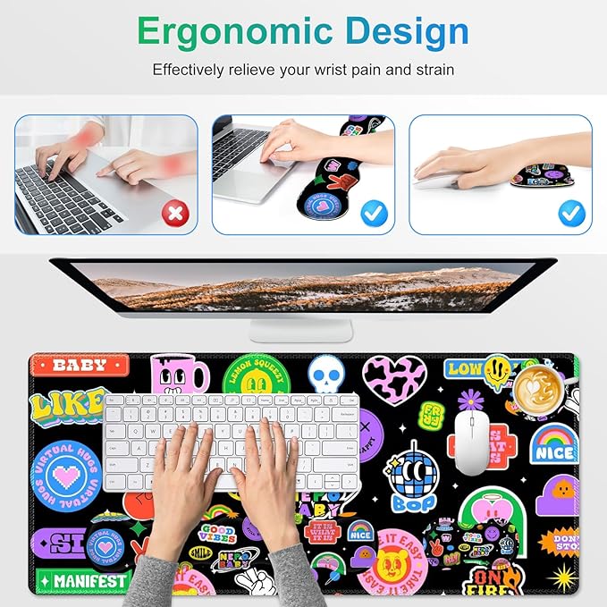 Gaming Mouse Pad Keyboard Wrist Support 4 in1 Mousepad with Wrist Keyboard Rest Computer Desk Mat Non-Slip Desk Pad Protector with Memory Foam Easy Typing Pain Relief I Cute Funny Style