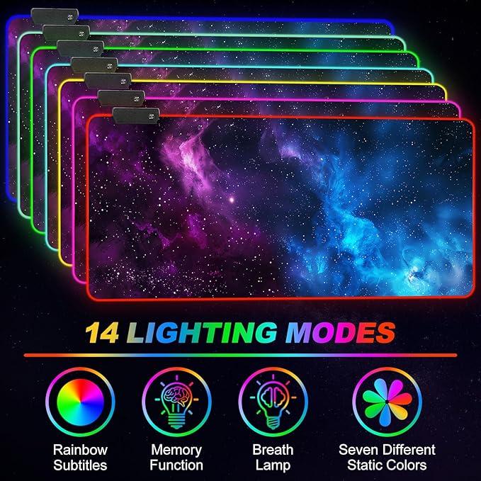 ARTSO RGB Mouse Pad LedXXL Large Mouse Pad Purple Blue Starry Nebula Big Mouse mat Computer Mousepad with 14 Light Modes 35.4 x15.7 Inch Keyboard Mat