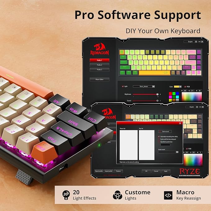 Redragon 60% Mechanical Gaming Keyboard 68 Keys Wired Office RGB Keyboard with Arrow Keys Programmable Macro Red Switches for Windows Mac PC Laptop Black/Beige/Orange