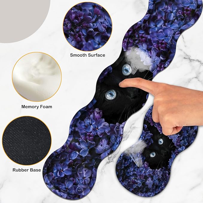 Large Mouse Pad Set Desktop Mouse Pad + Keyboard Wrist Pad + Mouse Wrist Pad + Coaster Ergonomic Memory Foam Multi-functional Desk Mat - Flower and Black Cat