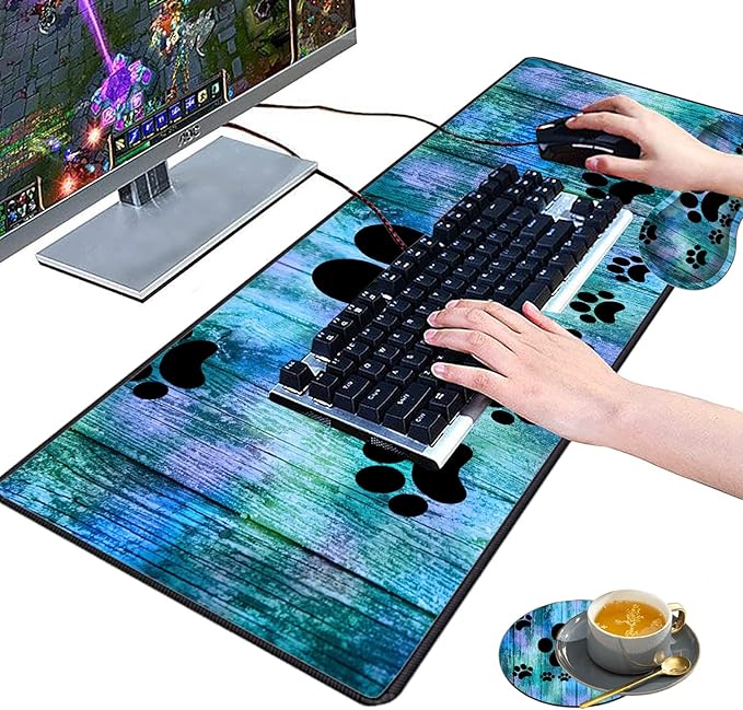 3 Piece Mouse Pad Set with Stitched Edge Large Anti-Slip Mouse Pad Desk Pad Keyboard Pad + Wrist Rest Pad + Coaster Memory Foam Wrist Rest for Office/Home -Antique Blue Wood Grain Dog Paw