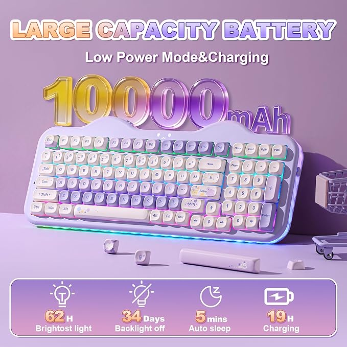 YUNZII C98 Wireless Mechanical Keyboard with Number Pad99 Key BT5.0/2.4G/USB-C Hot Swap Gasket Mount with PBT MOA KeycapsCustom RGBCute Cake Keyboard for Win/Mac (Purple Candy Linear Switch)