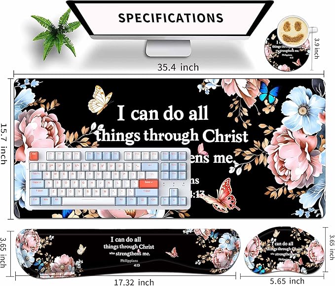 Extended Large Mouse Pad Set 31.5 x 15.7 – Christian Floral All-in-One Desk Set with Keyboard Wrist Rest Mouse Wrist Rest &amp Coaster Ergonomic Desk Accessories for Women Faith-Inspired Office Gi