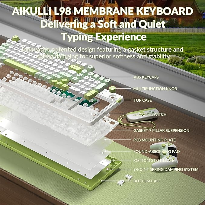 L98 Wireless Gaming Keyboard Green Cute Creamy Keyboard with Number Pad Tri-Mode BT5.0/2.4GHz/USB-C RGB Backlit Quiet Office Computer Keyboards for PC Mac Laptop (Green White)