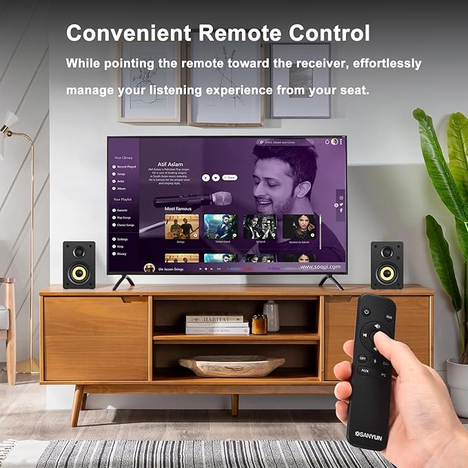 Sanyun SW206 4” HiFi Bookshelf Speakers with Studio Mode 80W Active Bluetooth 5.4/Optical/Coaxial/TRS/Aux/24bit DAC USB for Turntable TV PC Desktop MDF Cabinet Remote Control Black