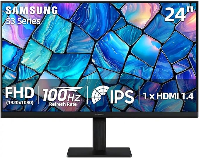 Samsung S3 24 inch IPS LED FHD (1920x1080) Monitor 100Hz Refresh Rate 5ms Eye Care Flicker-Free Game Mode Slim Design HDMI &amp VGA Tilt Adjustment Black