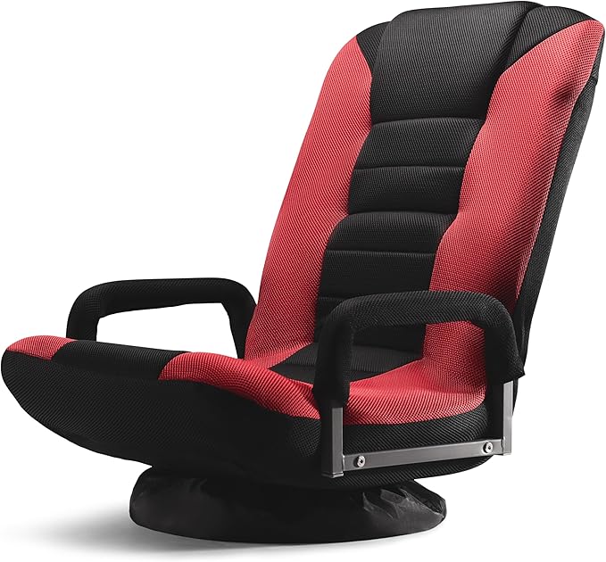 Swivel Floor Gaming Chair - Video Lounger Enjoy 6 Different Positions Adjustable Backrest Removable Arm Rests Folds to Store Stylish Blue with Black Center Stripe