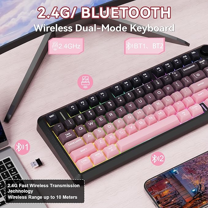 ZIYOU LANG M75 Wireless Gaming Keyboard RGB Backlit Rechargeable 2000mAh Battery Small Membrane But Mechanical Feel Keyboard with Smart Display &amp Knob PBT Gradient keycaps for PC MAC-BlackBerr