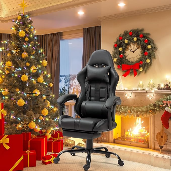 ECOTOUGE Massage Gaming Chair Video Game Chair with Footrest Ergonomic Computer Chair with Headrest and Massage Lumbar Support Height Adjustable High Back Office Desk Chair with 360° Swivel Black