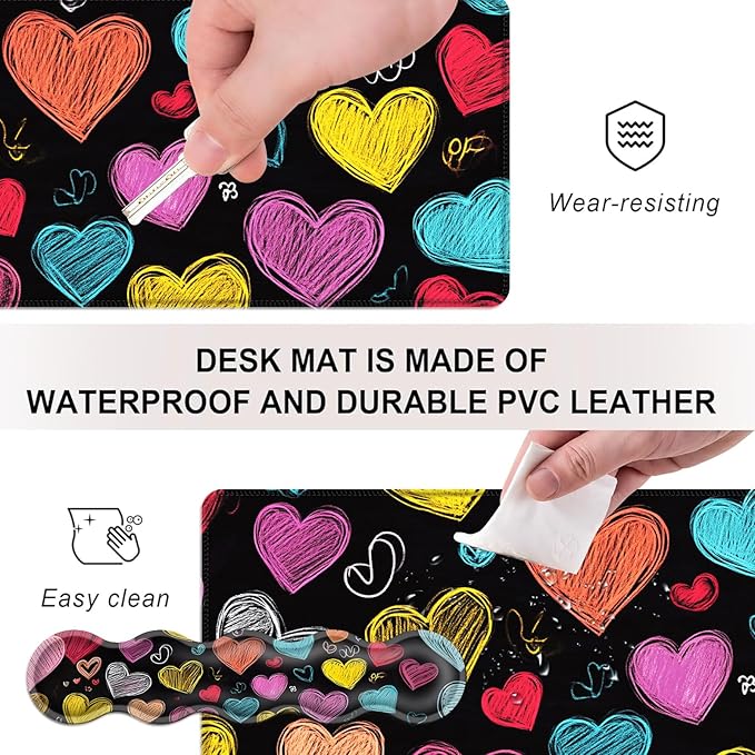 Mouse PadLarge Desk Mat Set 4in1 XL Mousepad + Keyboard Wrist Rest+Mouse Wrist Rest+Coaster with Ergonomic Desk Pad for Home Office Table Computer Cover -Colorful Chalk Drawn Hearts
