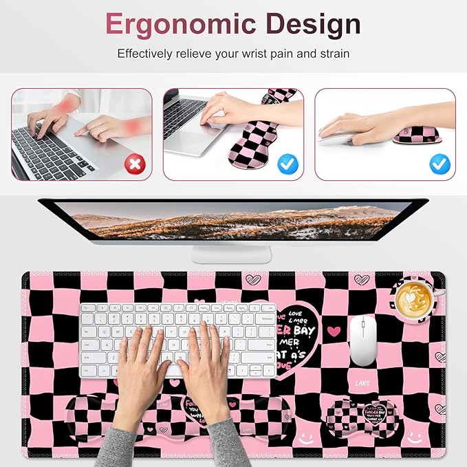 Desk Mat Gaming Mouse Pad Cute Desk Matt Keyboard Wrist Rest for Desktop Anti-Slip Big Mousepad Stitched Edges XXL Large Mouse Pad with Wrist Support for Home Office I Pink Black True Love