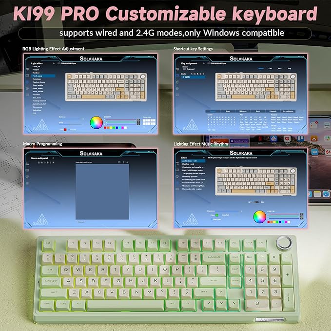 SOLAKAKA KI99 Pro Wireless Mechanical Keyboard Quiet SwitchHot Swappable Pre-Lubed Switches Silent Keyboard with RGB BacklitGasket Structure Computer Gaming Keyboards(GreenWhite Silent Switch)