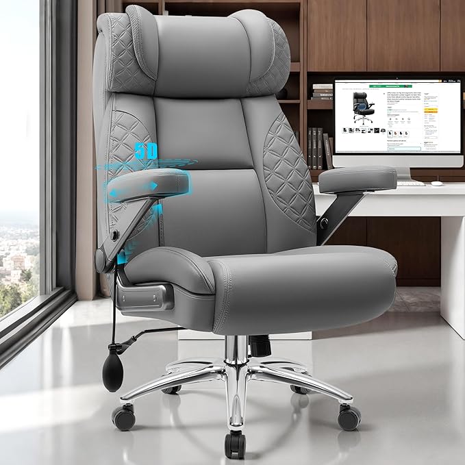 Office Chair 5D Flip Arm Ergonomic Desk Chair with Adjustable Lumbar Support for Back Pain Extra Wide 500LBS Comfy Big and Tall Office Chair Executive Leather Computer Game Chair for Heavy People