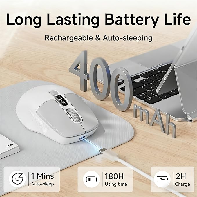 EWEADN Q1 Wireless Mouse BT &amp 2.4G Silent Mouse Quiet Click with 1600 DPI Levels Battery &amp DPI LED Screen Display 6 Button Small Portable Bluetooth Mouse for Laptop/PC/Mac-Grey