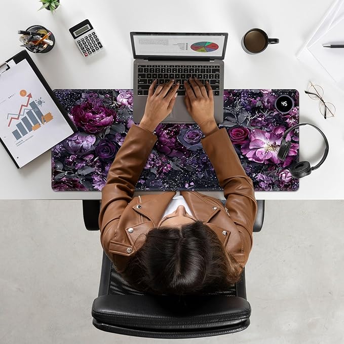 Heated Mouse Pad Hand Warmer Warm Desk Pad Mousepad Desk Mat with 3 Levels Heating and Auto Shut Down 31.5 x 13 inch PU Leather Warmer Keyboard Mat for Gaming Laptop Office Home Purple Flower