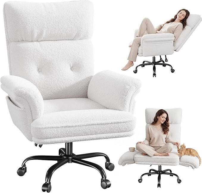 Criss Cross Chair with Armrests &amp Wheels for Cross-Legged SittingErgonomic Computer Gaming Chair with Two Side PocketsTeddy Plush Wide Seat Reclining Desk Chair for HomeOfficeBeige