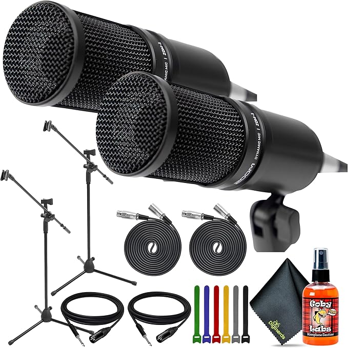 Zoom 2X ZDM-1 Dynamic Podcasting Microphone + 2X Tripod Boom Microphone Adjustable Floor Stand - Black + 2X XLR to XLR 3M Interconnect Cable + Goby Labs Sanitizer Spray for Microphones + More