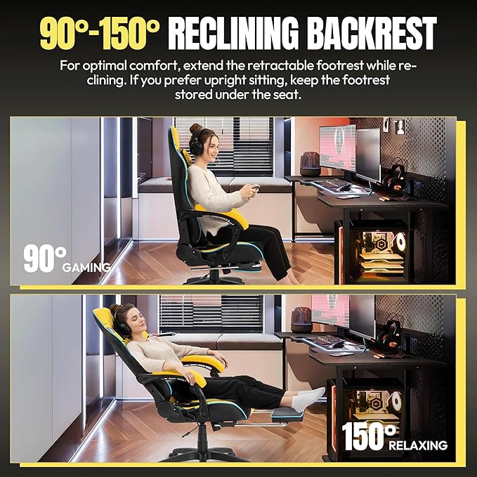 Dowinx Gaming Chair Big and Tall 350LBS Heavy Duty PC Gaming Chair with Massage &amp Footrest Ergonomic Reclining Gamer Chair with Embroidered Esports Design Yellow