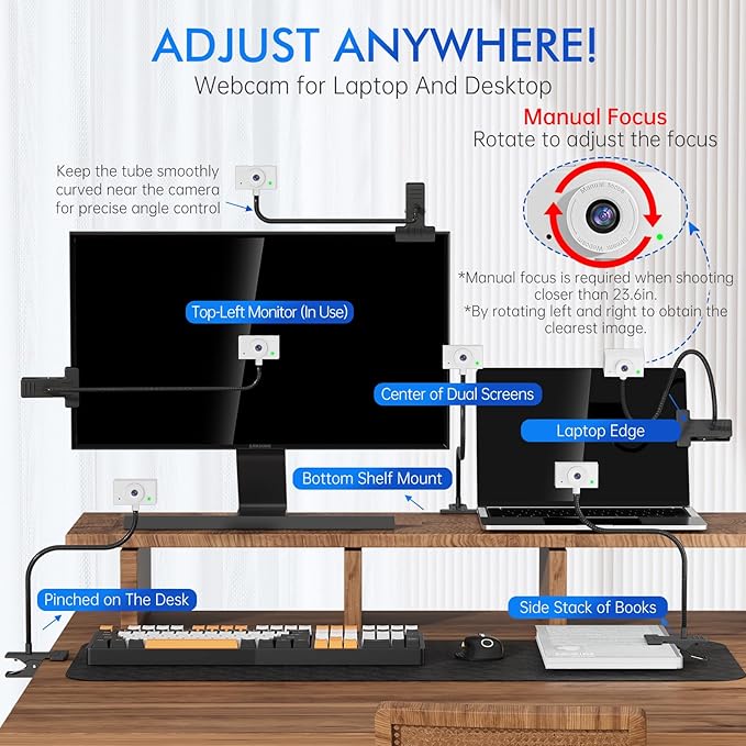 Webcam for PC Laptop Camera USB Webcam with Adjustable Gooseneck Flexible Positioning 1080P Computer Camera for Presentation Desktop Demo Full-Body View Video Call Zoom Teams Skype (White)