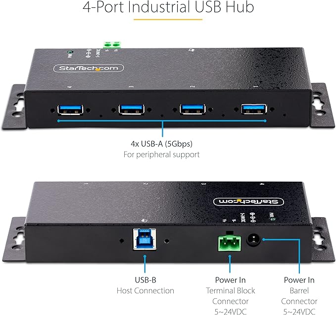 StarTech.com 4-Port Industrial USB 3.0 5Gbps Hub Rugged USB Hub with ESD Protection DIN/Wall/Desk Mountable USB-A Hub USB Expander w/Locking Ports Heavy Duty - TAA