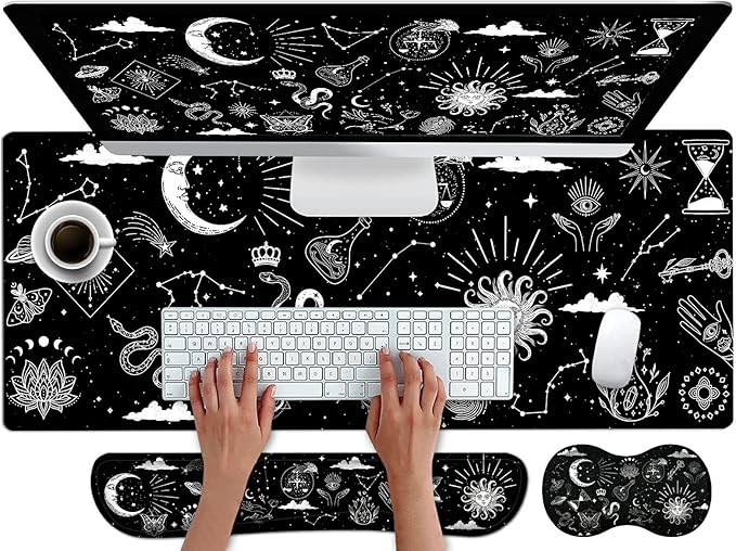 Large Gaming Mouse Pad Keyboard Mouse Wrist Rest Support Set with Memory Foam Ergonomic Easy Typing Extended Desk Mat Non Slip for Home Office Game and Study Astrology Celestial Theme