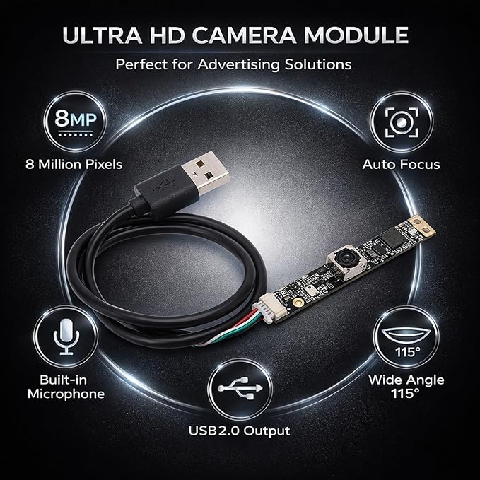 Autofocus Camera Module USB2.0 Webcam Board 8MP IMX179 Sensor HD 3264x2448 Resolution - Plug and Play Wide 115 Degree View Ideal for Computer Video Systems