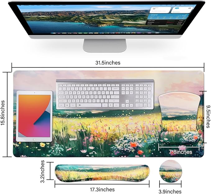MEGREZ 4-in-1 Ergonomic Memory Foam Wrist Rest Set Desk Pad Mouse Pad with Wrist Rest Keyboard Pad Suitable for Office Workers Programmers &amp Gamers–Relieve Typing &amp Gaming Fatigue The Wi