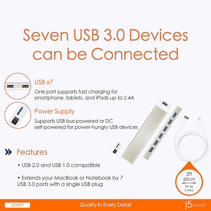 j5create USB Type-C to 7-Port USB 3.0 Data Hub with 3 ft Extended Cale [20W Power Adapter Included] for Mac MacBook Windows Laptop Surface XPS Chromebook PC (JCH377)