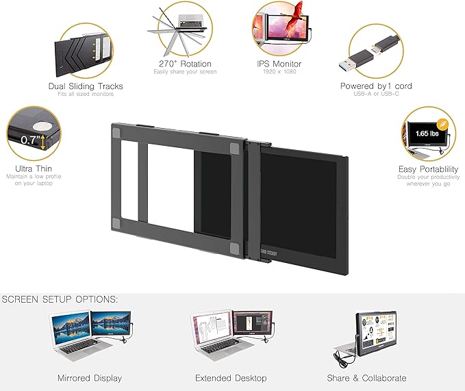 SideTrak Slide Portable Monitor 12.5 Screen with Carrying Case - Attaches to Your Laptop for Easy Travel - Efficient USB Power - Fits Mac and PC 13-17 Laptops - Full HD IPS Display (Patent Pending)