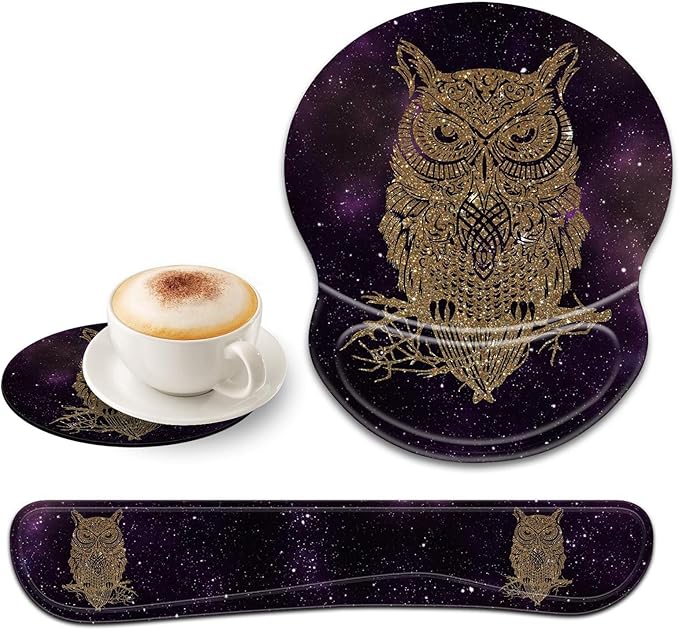 Ergonomic Gel Mouse Wrist Rest Pad and Keyboard Pad SetAnti-Slip PU Bottom Easy Typing and Relieve Wrist Pain with Cute Coaster Set (3-Starry Owl)